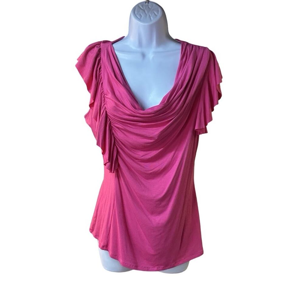 Cache Pink Cowl Neck Ruched Top L Stretch Flutter Sleeve Y2K Blouse